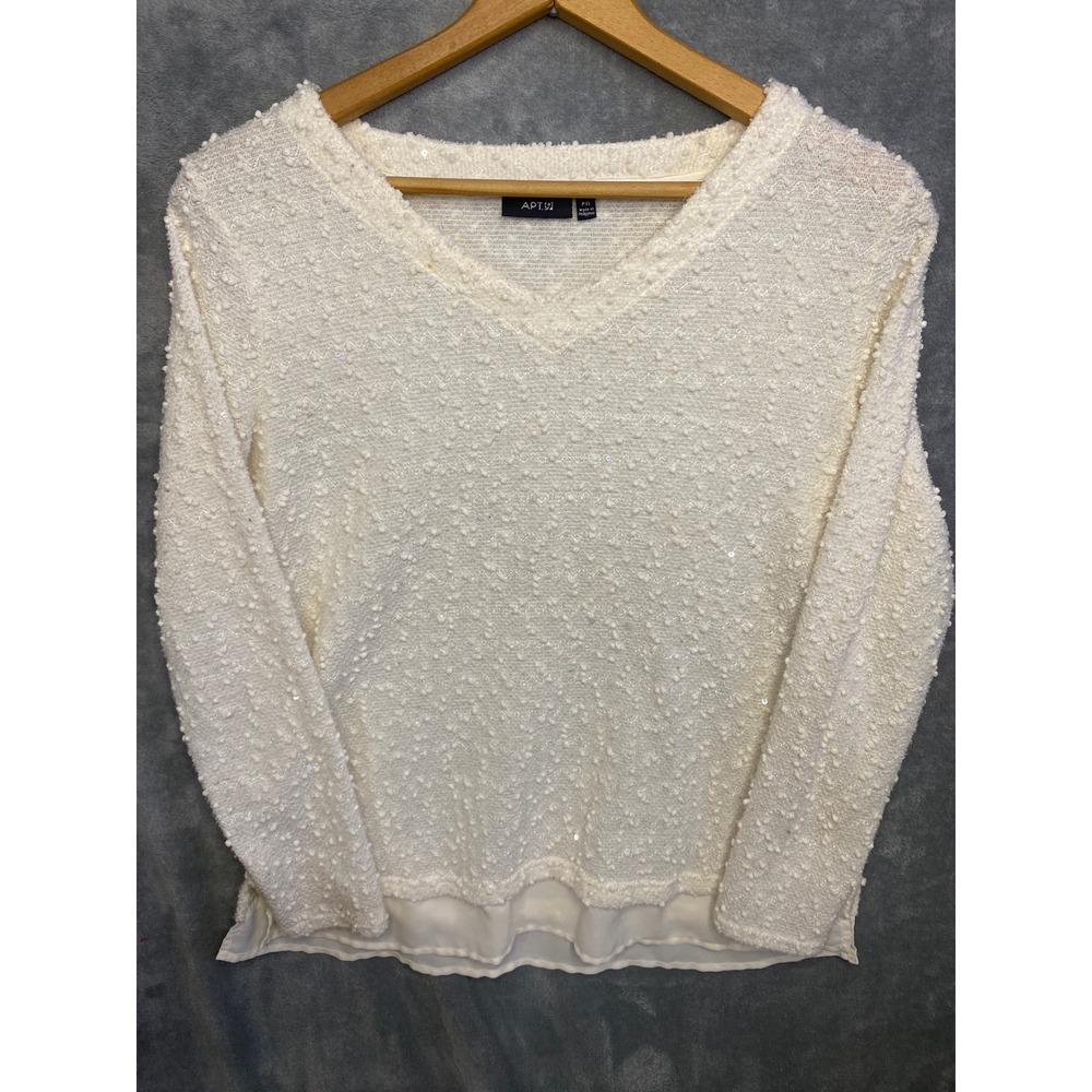 APT 9 Womens Petite Textured V Neck Long Sleeve Layered Sweater Top Ivory PXL - Picture 4 of 5